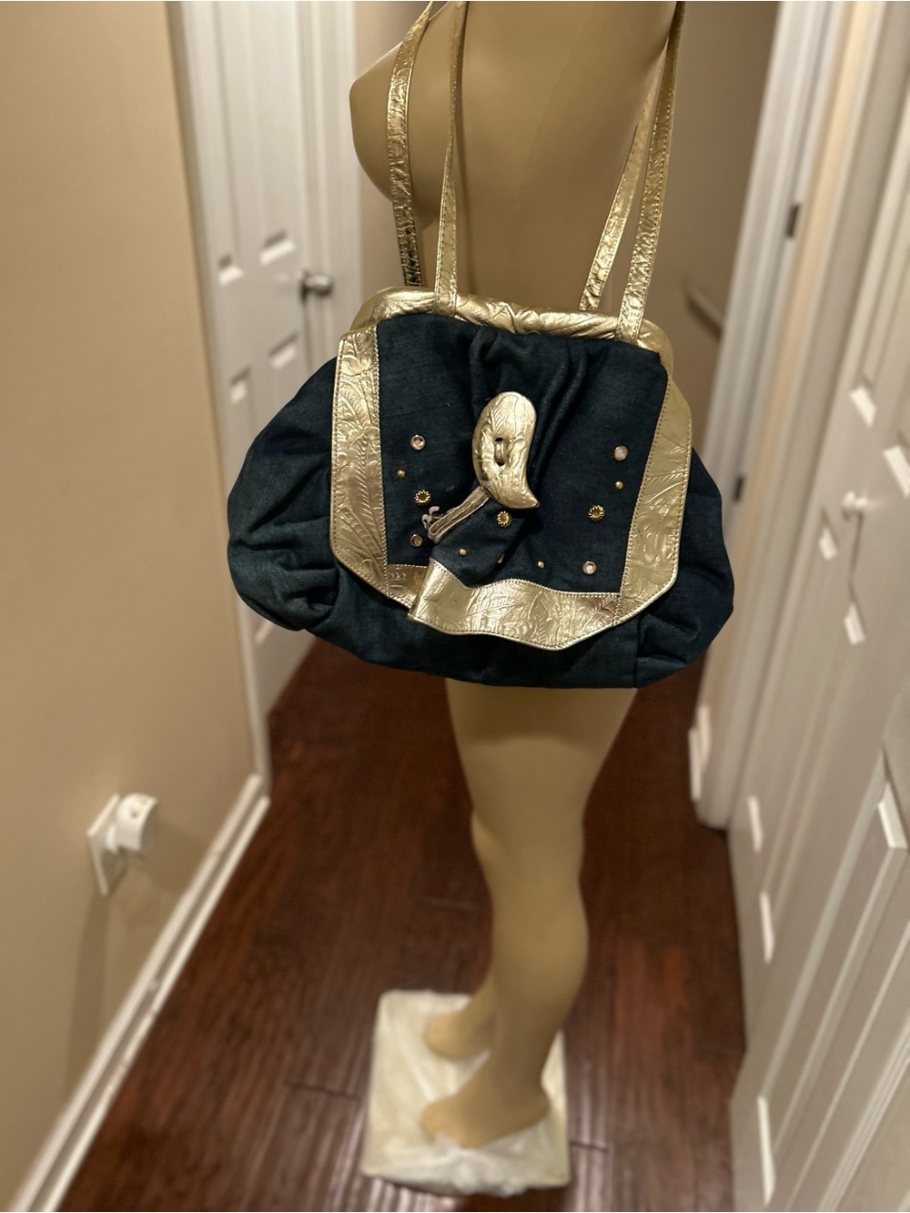 Huge vintage denim clutch with genuine leather trimmings